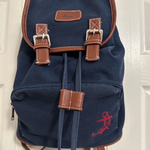 Vintage G.H. Bass and Co Navy Blue Canvas Backpack with Brown Leather Trim - Picture 3 of 10